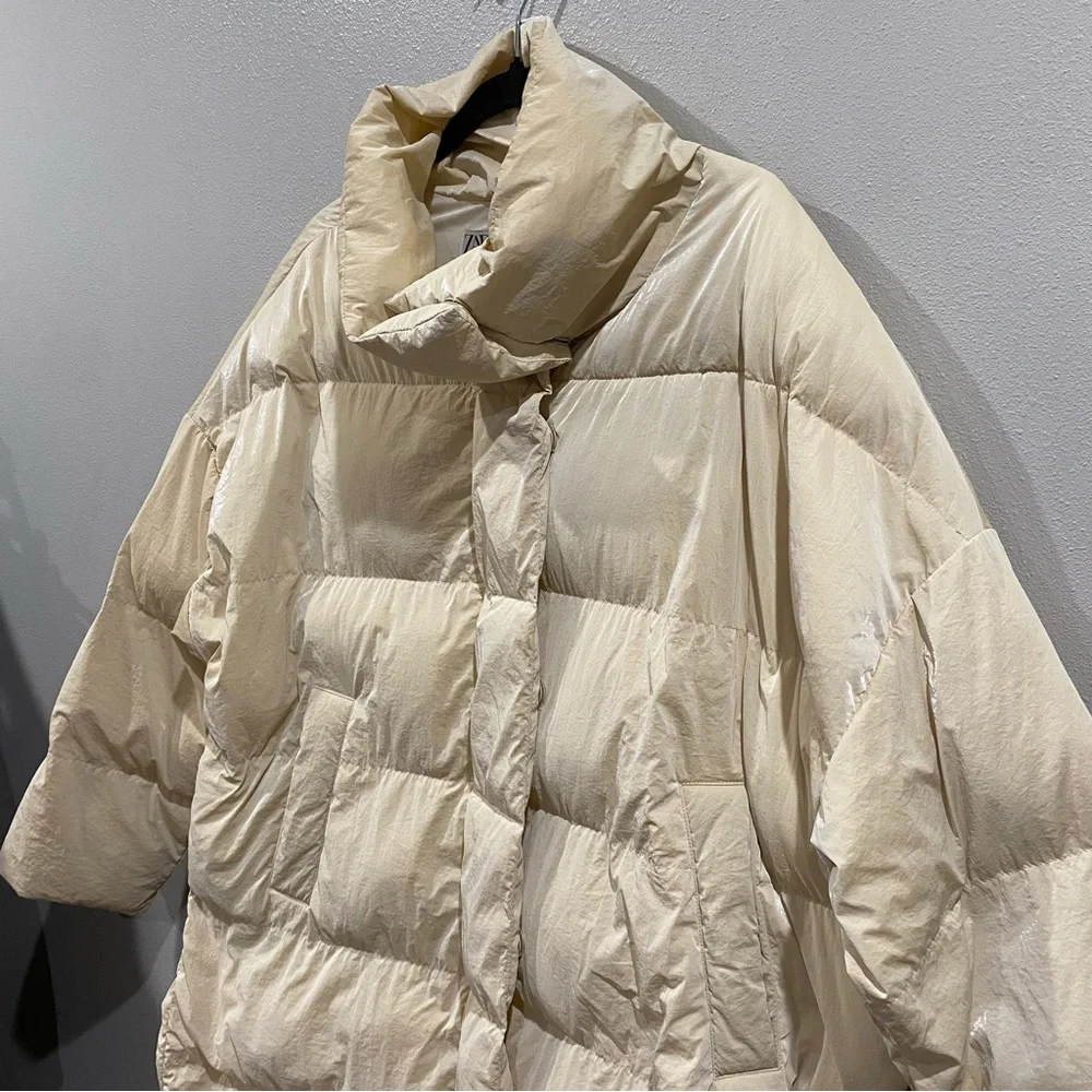 Zara Nylon Puffer Jacket Coat Cream Ivory Large - Picture 3 of 12